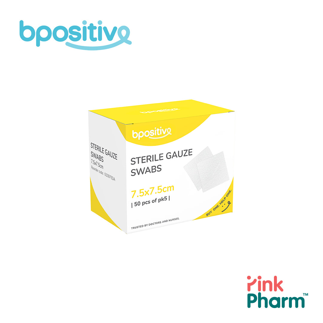 BPositive Sterile Gauze Swabs 7.5 x 7.5 cm (50s of pack of 5s)